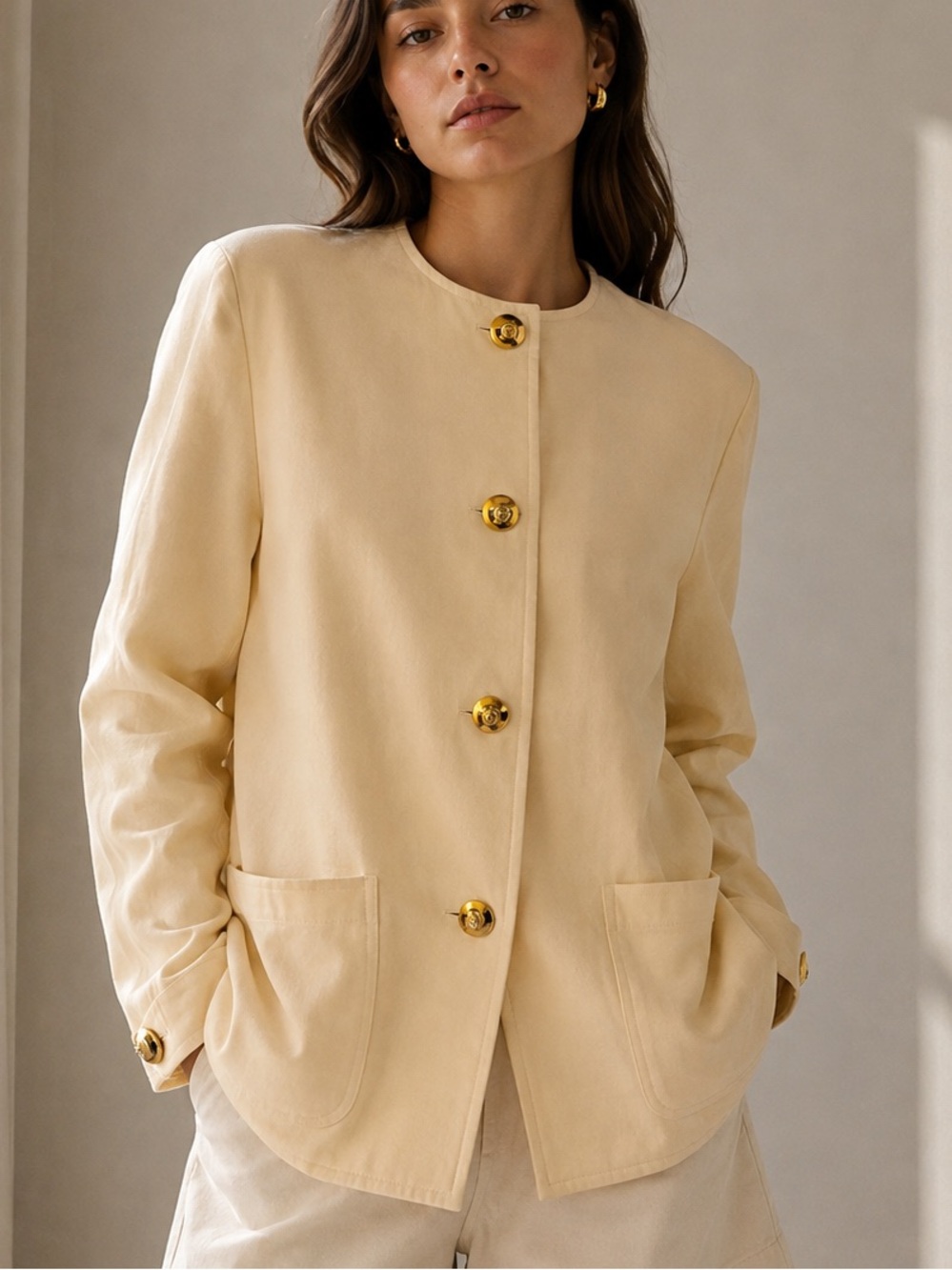 Valentino Women’s Cream Collarless Button Jacket